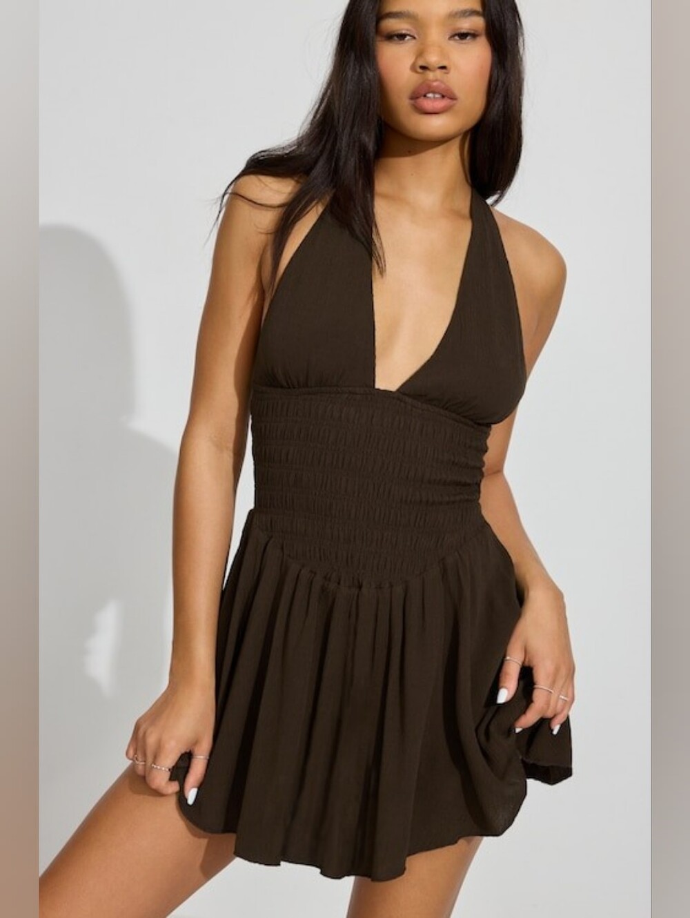 True & Co XS Brown Halter Dress Smocked Waist Open Back Boho